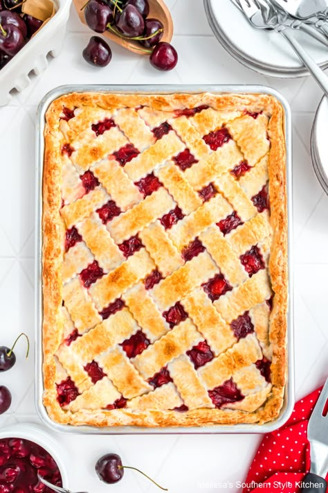 Cherry Pie Sheet Cake, Cherry Pie Sheet Pan, Cherry Sheet Pan Pie, Cherry Pie Easy, Sheet Pan Dessert Recipes, Cherry Slab Pie Recipe, Easy Cherry Pie Recipe, Apple Cherry Pie, Slab Apple Pie