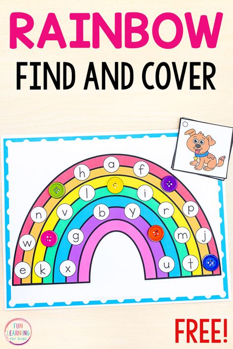 This free printable rainbow find and cover the letters activity is a fun way for kids to learn letter sounds and letter identification this spring. Find And Cover Alphabet Free, Rainbow Literacy Activities, Spring Literacy Activities Preschool, Letter Identification Activities, Free Printable Rainbow, Letters Activity, Spring Lesson Plans, Roll And Cover, Rainbow Roll