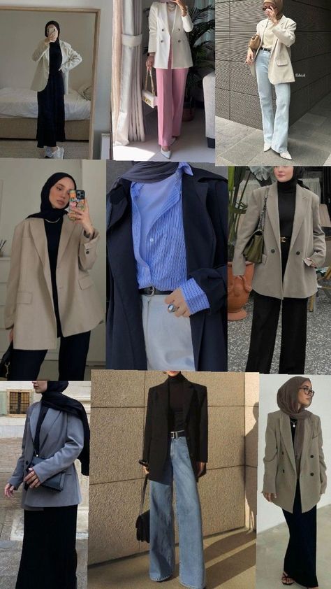 this pin is a collage,that help you to save a lot of outfit ideas in one click.click the outfit to get more details about it Blazer Outfits Hijab, Collage Outfits, Outfit Blazer, Outfits Hijab, Muslim Girls, Blazer Outfits, Hijab Outfit, Blazer