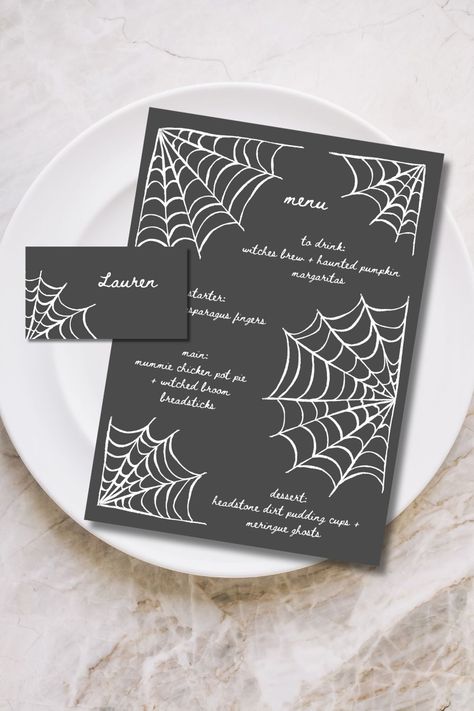 Customizable Spooky Spider Halloween Menu BUNDLE with 4 placecard layout options. These printable templates are perfect for spooky halloween dinner party, or even a costume party! Invite all your besties for a night of scary movies, creepy costumes and all the candy they can eat! #aesthetichalloween #halloweenmenu #halloweendinnerparty #dinnerparty #spookydinnerparty #menutemplate #heykellystudio #printablemenu Halloween Dinner Invitations, Halloween Menu Design, Halloween Menu Ideas, Halloween Invitation Ideas, Dinner Party Menu Template, Spooky Dinner Party, Halloween Dinner Party Menu, Spooky Halloween Dinner, Party Menu Template