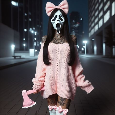 🪓 Pink Ghost Face Costume, Cute Spooky Makeup, Scream Female Costume, Dollskill Halloween Costumes, Pink Ghostface Costume, Scream Women Costume, Womens Cosplay Ideas, Ghost Face Outfit, Female Scream Costume