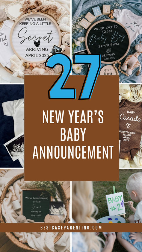 Collage of creative New Year’s baby announcement ideas, featuring cozy props, announcement boards, ultrasound pictures, and adorable baby outfits with personalized messages. And Now We Are 4 Baby Announcement, Announcing Big Brother Ideas, Baby Due In May Announcement, New Year’s Eve Baby Announcements, New Years Birth Announcement, New Year Birth Announcement, 6th Baby Announcement Ideas, January Pregnancy Announcement Baby 2, Baby Announcing Ideas New Years