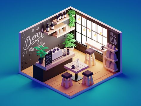 Coffee Shop by Roman Klčo 3d Shop Design, Mini Coffee Shop Design, 3d Coffee Shop, Coffee Shop Illustration, Isometric Rooms, Raw Design, 3d Inspiration, 3d Room, Cafe Shop Design