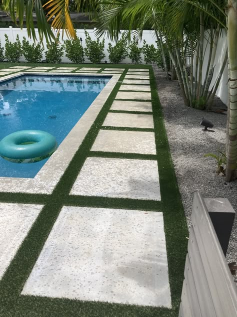 Concrete Slabs Around Pool, Pool Turf Landscaping, Pool With Pavers And Turf, Pool Surround Ideas Landscaping, Pathway To Pool Backyards, Landscape Around Rectangle Pool, Pool And Turf Backyard, Pool Landscaping Concrete, Pool With Turf And Concrete