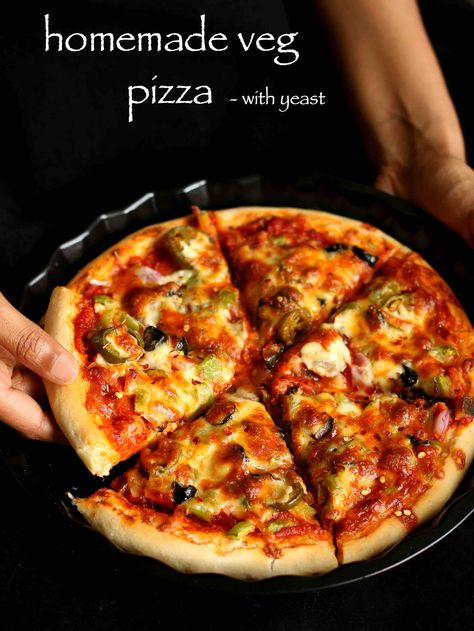 veg pizza recipe, veggie pizza recipe, vegetable pizza recipe with step by step photo/video. italian cuisine delicacy, prepared with yeast and baked in oven Recipe Without Onion And Garlic, Vegetable Pizza Recipe, Vegetarian Pizza Toppings, Veg Pizza Recipe, Vegetable Pizza Recipes, Pizza Recipe Video, Tartiflette Recipe, Cheese Pizza Recipe, Veggie Pizza Recipe