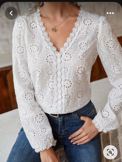 Lace Shirt Outfit, Women Chiffon Blouse, Lacy Tops, Stylish Short Dresses, Women Blouses Fashion, Fancy Tops, Eyelet Embroidery, Designer Kurtis, Trendy Fashion Tops