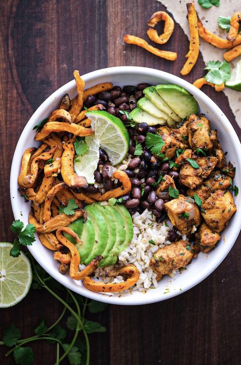 Cilantro Aioli, Oven Baked Sweet Potato Fries, Oven Baked Sweet Potato, Peruvian Chicken, Baked Sweet Potato Fries, Crispy Sweet Potato Fries, Sweet Potato Bowls, Chicken Bowls, Sweet Potato Fries Baked