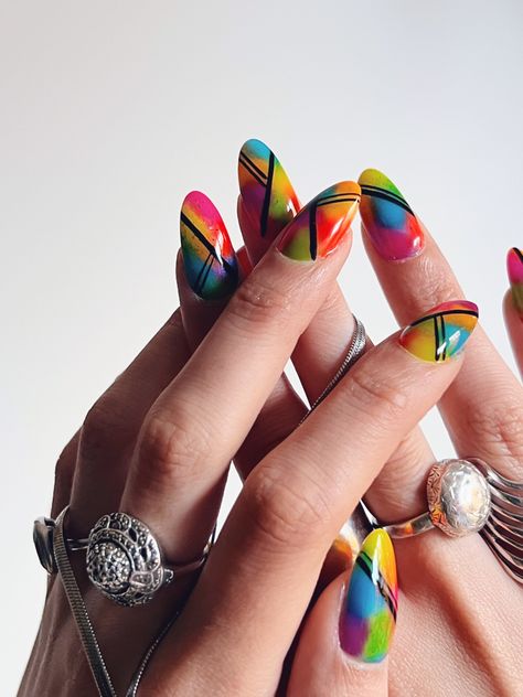 Nail Art Designs For Navratri, Navratri Nails Design, Diwali Nail Art Designs, Navratri Nail Art, Navratri Nails, Multicoloured Nails, Nails With Black, Abstract Nail, Colourful Nails