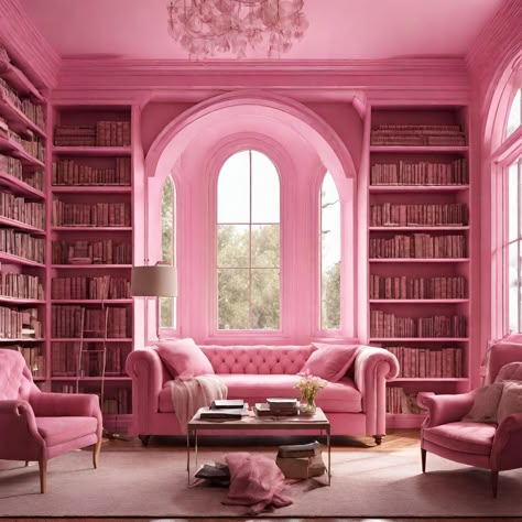 Pink Basement Ideas, Princess Living Room Aesthetic, Pink Home Library, Pink Library Room, Soft Pink Aesthetic Room, Pink Library Aesthetic, She Room Ideas, Pink Cottagecore Room, Pink Home Ideas