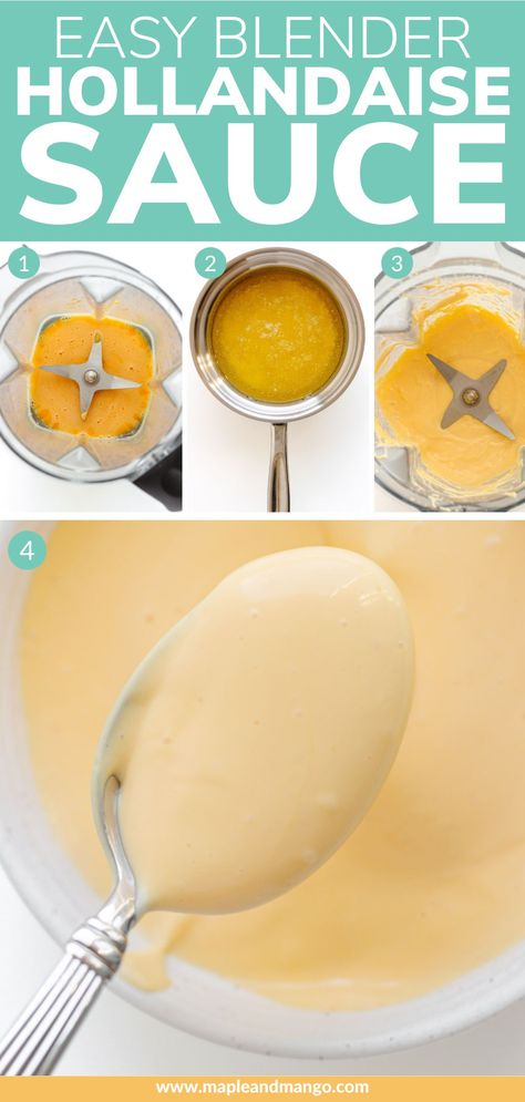 Learn how to make homemade hollandaise sauce in just 5 minutes with these two easy blender hollandaise sauce methods. It's perfect for drizzling over eggs Benedict, asparagus, salmon and so much more. This creamy, decadent sauce has a way of making everything it touches taste absolutely amazing! | www.mapleandmango.com Holindaise Sauce Recipe Blender, How To Make Hollandaise Sauce, Holindaise Sauce, Hollandaise Sauce Uses, Blender Hollandaise Sauce, Hollandaise Sauce Recipe, Hollandaise Recipe, Blender Hollandaise, Easy Hollandaise Sauce