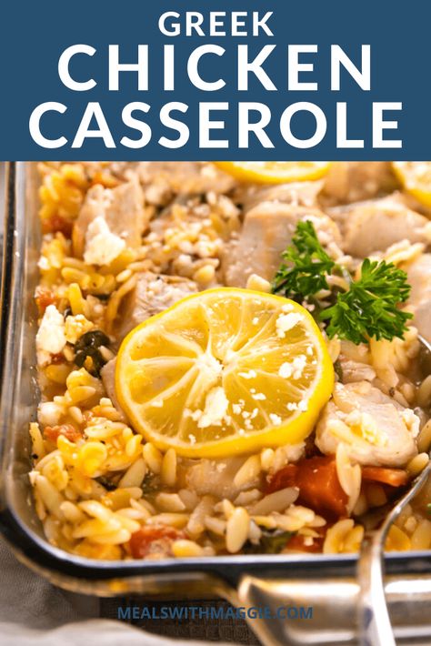 This greek chicken casserole is full of flavor and is a quick and easy weeknight dinner for the family. #greekchicken #casserole Greek Chicken Orzo Casserole, Greek Chicken Casserole Recipes, Greek Chicken Casserole, Munchie Ideas, Greek Casserole, Orzo Casserole, Eating Mediterranean, Easy Greek Chicken, Main Recipes