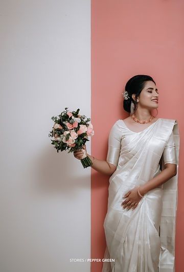 Christian Poses, White Saree Wedding, Silver Saree, Christian Wedding Dress, Christian Wedding Gowns, White Sari, Christian Bridal Saree, South Indian Bride Saree, Bride Saree