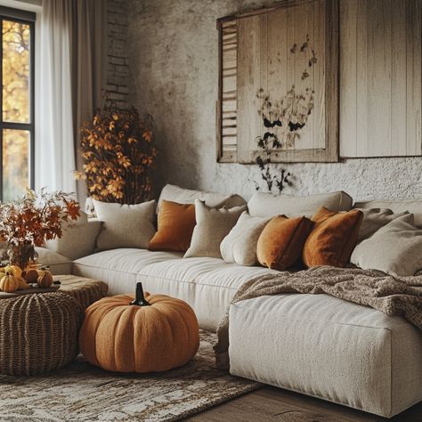 Farmhouse Fall Decor, Living Room, Pumpkin Theme, Comfy Couch, Cream colored room Farmhouse Fall Decor Living Room, Fall Decor Living Room, Comfy Couch, Farmhouse Fall Decor, Pumpkin Theme, Farmhouse Fall, Decor Living Room, Natural Tones, Autumn Home