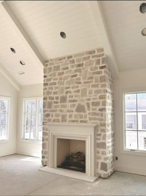 Two Story Fireplace, Woodland House, Up House, Home Fireplace, Fireplace Makeover, Brick Fireplace, Dream House Exterior, Fireplace Design, Stone Fireplace