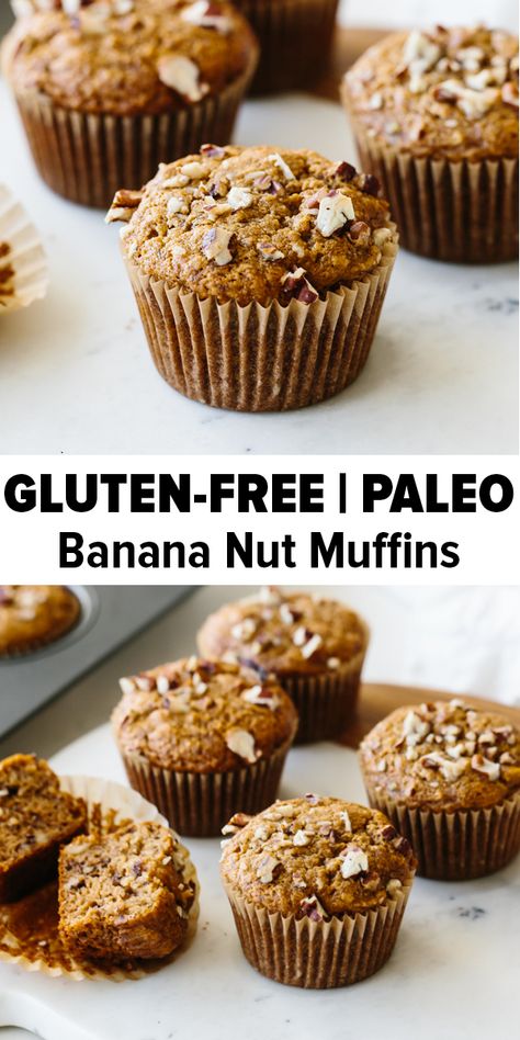 Paleo banana nut muffins are easy to make, delicious, gluten-free and dairy-free. The perfect healthy breakfast recipe and snack on the go! #paleobananamuffins #paleomuffins Keto Banana Nut Muffins, Paleo Banana Bread Muffins, Gluten Free Banana Nut Muffins, Paleo Banana Nut Muffins, Paleo Banana Muffins, Paleo Muffins, Gluten Free Banana Muffins, Bread Pudding With Apples, Paleo Banana