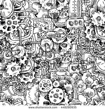 Beautiful hand drawn seamless pattern steampunk. Raster copy Steampunk Doodles, Steampunk Patterns, Laser Cut Decor, Hand Drawn Vector, Seamless Pattern Vector, Environment Concept Art, Zentangle Patterns, Mural Painting, Logo Design Trends