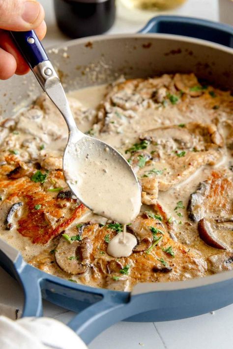 The Turkey Cutlets with Mushroom Cream Sauce recipe is made in 30 minutes. The meat is juicy and tender, and the sauce is creamy. Make this recipe any day of the year. It’s fancy enough for special occasions like Christmas and simple enough to make during a busy weeknight. #jernejkitchen #turkeycutlets #creamsauce #mushroomsauce #glutenfree #glutenfreedinner #familydinner Mushroom Cream Sauce, Cream Sauce Recipe, Turkey Cutlets, Mushroom Cream Sauces, Cutlets Recipes, Cream Sauce Recipes, Delicious Magazine, Mood Food, Best Comfort Food