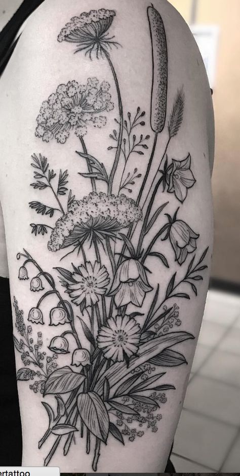 Womens Wildflower Sleeve Tattoo, Mushroom And Flowers Tattoo Sleeve, Wildflower Arm Sleeve Tattoo, Tennessee Wildflowers Tattoo, Thigh Nature Tattoos Women, Earthy Arm Sleeve Tattoo, Wild Flower Tattoos Sleeve, Unique Botanical Tattoo, Floral Nature Tattoo