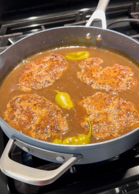 Mississippi Salisbury Steak Mississippi Salisbury Steak, Mississippi Burgers, Mississippi Meals, Cooking With Katie Cross, Mississippi Burger, Pork Side Dishes, Salisbury Steaks, Easy Salisbury Steak, Salisbury Steak Recipe