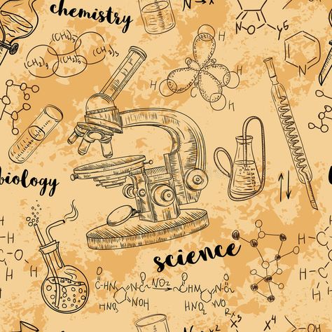 Vintage seamless pattern old chemistry laboratory with microscope, tubes and formulas. vector illustration Vintage Chemistry, Chemistry Laboratory, Sketch Style, Hand Drawn Illustration, Drawn Illustration, Biology, Seamless Pattern, Chemistry, Printmaking