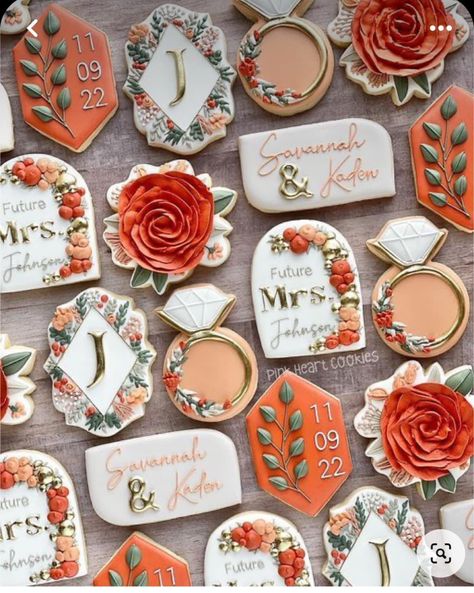 Fall In Love Cookies Decorated, Fall Wedding Cookies Royal Icing, Fall Bridal Shower Cookies Decorated, Terracotta Wedding Cookies, Fall Floral Cookies, Fall In Love Cookies, Wedding Shower Decorated Cookies, Fall Wedding Sugar Cookies, Spring Wedding Cookies