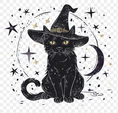 Witchy Svg Free, Black Cat With Witch Hat, Cat With Hat, Aesthetic Pngs, Purple Png, Witch Png, Png Elements, About Halloween, Halloween Pattern