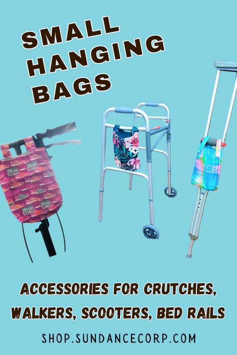 Hanging bags in either a small size, perfect for a crutch, or larger size designed for a walker. Helpful for carrying lightweight items to keep hands free. Straps attach via hook and loop. Can also be used on a stroller, bed rail, towel bar, chair, etc. Team items are made from licensed fabrics. Crutch Bags, Walker Caddy, Mobility Scooter Accessories, Forearm Crutches, Knee Scooter, Scooter Accessories, Walker Bag, Bed Rail, Mobility Aids