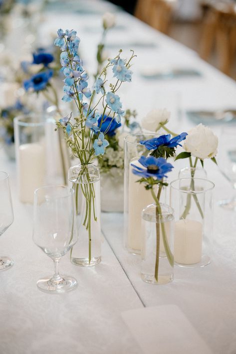 Table Blue Decoration, White And Blue Table Decorations, Dusty Blue Bud Vases Wedding, Simple Blue Hydrangea Centerpiece, Dinner Table Decor Flowers, Blue Flower Bud Vase, Dusty Blue Bud Vases, Blue And White Decorating Ideas Party, White And Blue Flower Arrangements Simple Centerpieces