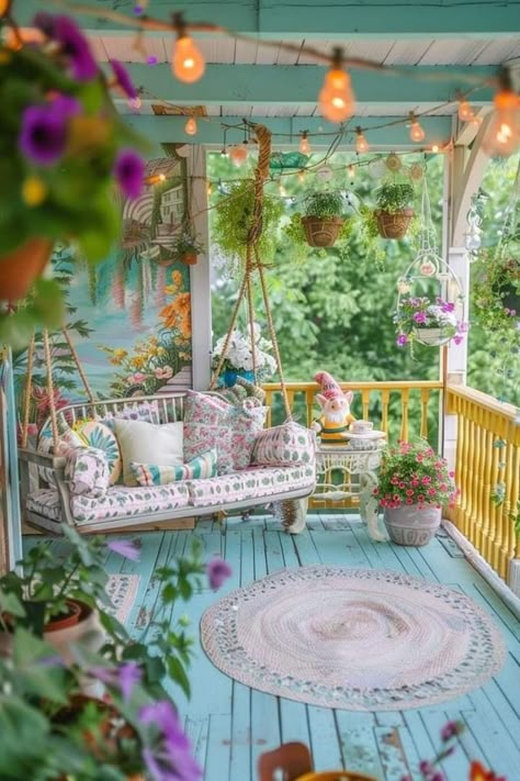 Colorful Porch Ideas, Porch Oasis, Bohemian Porch, Boho Porch, Blue Flooring, Small Porch Decorating, Front Porch Furniture, Design A Garden, Cozy Porch