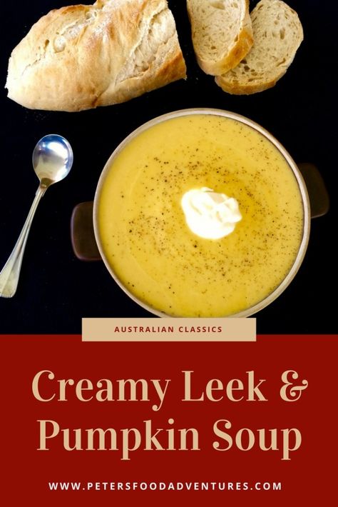 Tasty Pumpkin Soup - thick and creamy, with leek, potatoes, cumin and nutmeg. Classic comfort food served with a dollop of sour cream. Everyone loves this cold weather autumn favorite. Pumpkin Leek Soup, Pumpkin And Leek Soup, Cold Pumpkin Soup, Pumpkins Recipes, Airplane House, Bunco Ideas, Soup Cleanse, Creamy Pumpkin Soup, Snacks Under 100 Calories