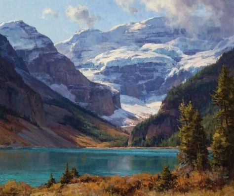 Artwork by Clyde Aspevig, Lake Louise Canadian Rockies, Made of Oil on board Clyde Aspevig Paintings, Lake Louise Painting, Clyde Aspevig, Master Studies, Lake Mcdonald, Glacier Park, Painted Boards, Lake Louise, Canadian Rockies