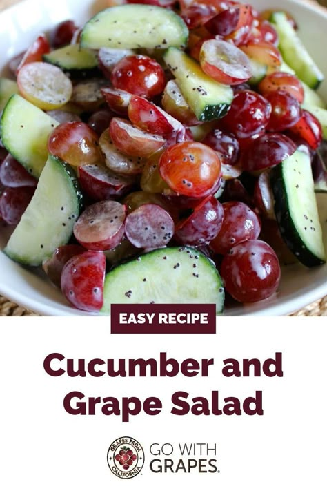 Keep lunch or dinner simple with this Cucumber and Grape Salad topped with a light and flavorful poppy seed and Greek yogurt dressing. Go with grapes from California and cucumbers for fresh flavor. #easyrecipes #salads #greekyogurt #poppyseed #dressing #cucumber #grapes #graperecipes Simple Healthy Salads Clean Eating, Cucumber Grape Salad With Poppy Seed Dressing, Grape And Cucumber Salad, Grape Cucumber Salad Recipe, Cucumber Salad Sandwiches, Cucumber Fruit Salad, Things To Do With Grapes, Grape Recipes Ideas, Cucumber Grape Salad