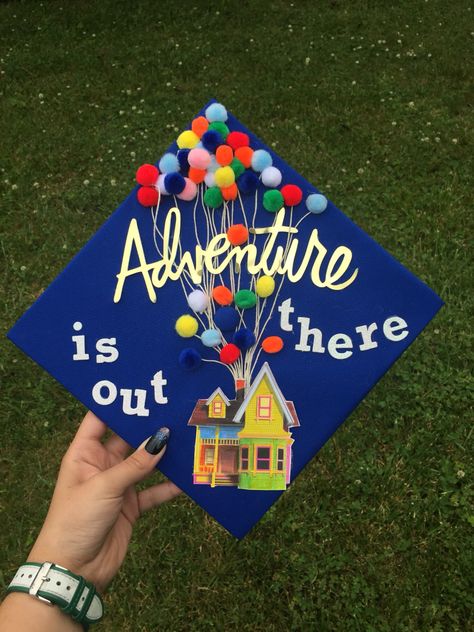 My graduation cap!! "Adventure is out there" 🎓 Spongebob Graduation Cap, Disney Graduation Cap, Flower Graduation Cap, Funny Graduation Caps, Creative Graduation Caps, Disney Graduation, College Grad Cap Ideas, Custom Graduation Caps, High School Graduation Cap