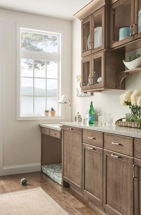 Wood And Glass Cabinets Kitchen, Long Straight Kitchen Layout, Washed Wood Kitchen Cabinets, Flooring With Light Wood Cabinets, Stain Grade Kitchen Cabinets, Ash Brown Kitchen Cabinets, Unfinished Maple Kitchen Cabinets, Natural Cabinets With White Countertops, Cabinet Stains Kitchen Colors