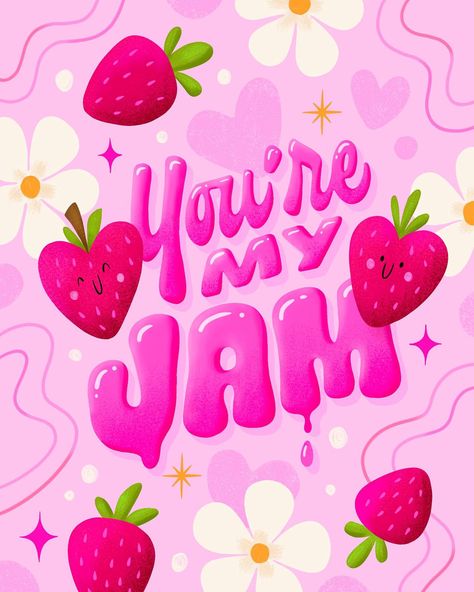 You're my jam lettering, strawberry illustration Heart Strawberries, Strawberry Illustration, Different Lettering Styles, Collage Pieces, Different Lettering, Mother Dearest, Swipe File, Cute Strawberry, Lettering Styles