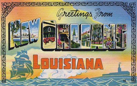 Greetings from New Orleans, Louisiana Retro Postcards, Travel Signs, Nola Art, Travel Ephemera, Mason Dixon Line, Louisiana Homes, Louisiana Art, Postcard Art, Journal Inspo