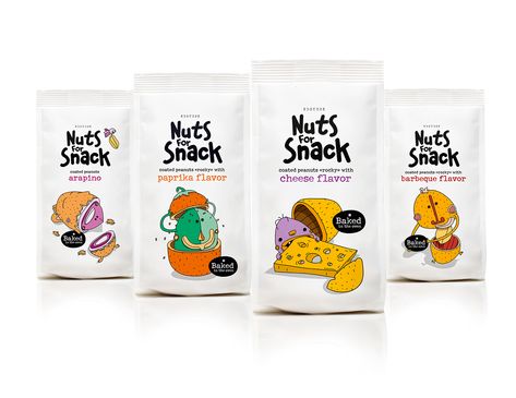 Nuts for Snack — Packaging design for these 4 products based on the identity that already existed with a big range of products. The idea obviously is to illustrate the nut in a way that presents the material of the flavor e.g cheese or pepper for paprika.… Greek Market, Kids Packaging, Packaging Snack, Ayam Bakar, Nut Snacks, Cool Packaging, Pouch Packaging, Cheese Flavor, Food Packaging Design