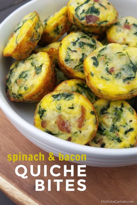 Spinach & Bacon Quiche Bites - Ms. Alisha Carlson Bacon Spinach Recipes, Quiche Bites Recipes, Mini Spinach Quiche, Quiche Appetizers, Crustless Quiche Muffins, Spinach Egg Bites, Spinach And Bacon Quiche, Spinach Bacon Quiche, Quiche Bites