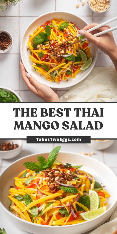 Vietnamese Mango Salad Recipe, Mango Dinner Ideas, Thai Chili Mango Salad, Thai Mango Salad Dressing, Summer Thai Recipes, Best Thai Recipes, Vietnamese Mango Salad, Mango Thai Salad, Mango Dishes Recipes