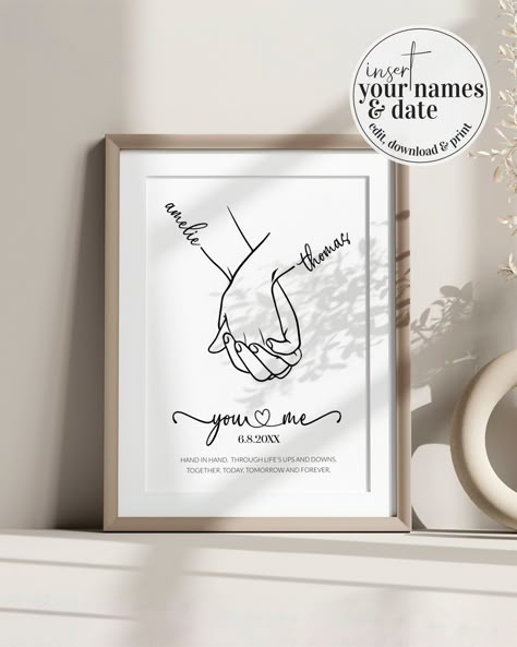 BUY 3 PRODUCTS TO GET 30% OFF WITH CODE '30OFF'Looking for a unique and personalized wedding anniversary gift for couples? Consider this printable wall art template! Featuring two hands in line art with a romantic wording, this customizable template is the perfect way to celebrate your love and commitment. You can edit and adjust all text to your liking before printing at home or with a professional printer. With a sleek and modern design, this wall art will add a special touch to any home decor Simple His And Hers Gifts, Personalized Gifts Artwork, Wood Art Couples, Anniversary Gift Painting Ideas, Painting For Marriage Gift, Personalized Wedding Gifts For Couple Cricut, Custom Wedding Gifts For Him, Couple Gifts Artwork, Creative Wedding Gifts Not Mr And Mrs