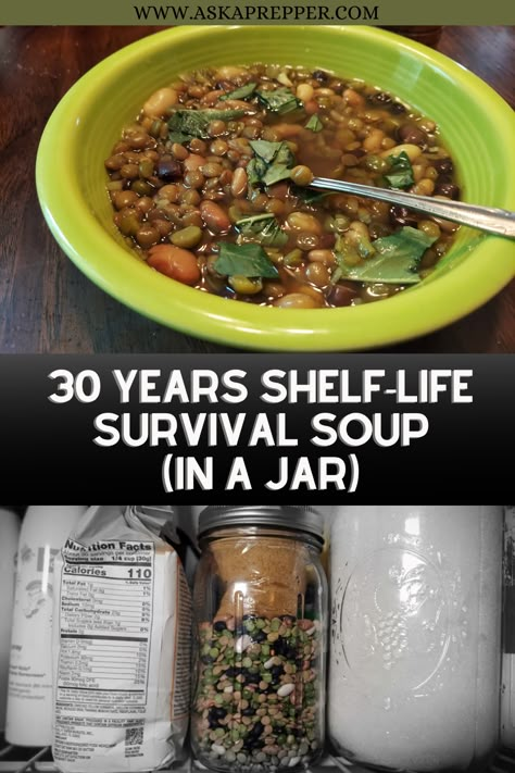 With a 30-year shelf-life, the Survival Soup should be in every prepper’s pantry. Store it in a mylar bag so you can maximize your storage space Survival Soup Recipe, Soup Starter In A Jar, Dry Soup Mix Recipes, Dry Canning, Survival Recipes, Diy Food Storage, Doomsday Book, Prepper Pantry, Best Survival Food