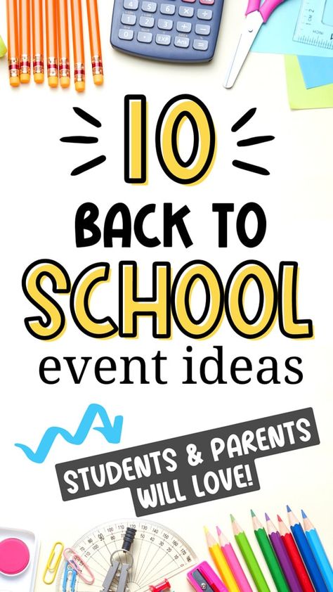 Are you wondering how to make back to school more fun for kids? Grab these 10 fun back to school event ideas! Students of all ages will benefit: elementary, preschool, middle school and more. Includes party ideas, games, welcome ideas, and activities. Grab more great room mom ideas for school programs and events at roommomrescue.com. Back To School Open House Themes, Pta First Day Of School Ideas, Back To School Pta Ideas, Pto Back To School Event, Pto Welcome Back To School, Elementary School Pta Events, Pta Back To School Night Ideas, Back To School Party Games, School Wide Activities