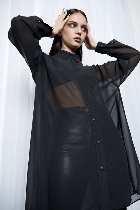 Drusilla Oversized Shirt – Mary Wyatt London Transparent Shirt Outfit, Sheer Shirt Outfits, Black Button Up Shirt, Sheer Shirt, Fashionista Clothes, North London, Sheer Chiffon, Gothic Outfits, Chiffon Shirt