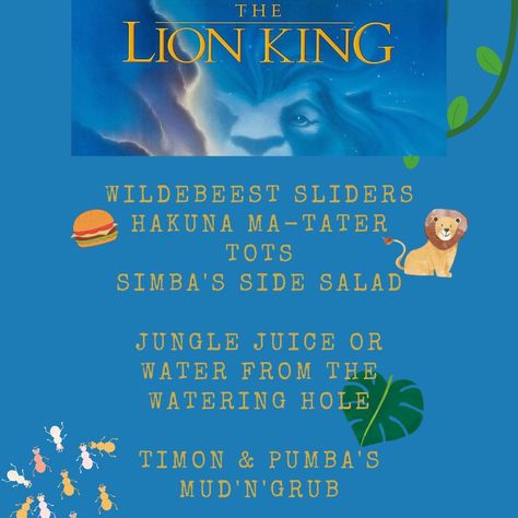 Lion King Movie Night Dinner, Lion King Movie Night, Movie Night Ideas, Lion King Theme, Movie Night Dinner, Lion King Movie, Jungle Juice, Dinner And A Movie, Movie Nights