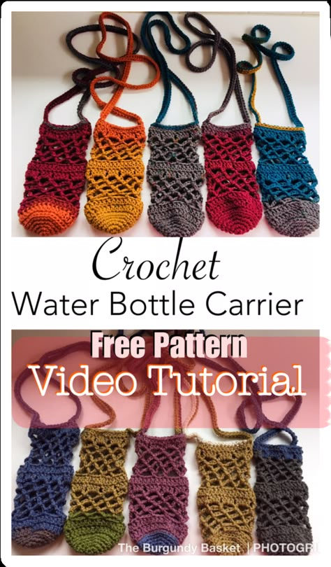 Crochet Big Water Bottle Holder, Crochet Hand Pattern Free, Free Crochet Patterns Bag, Crochet Water Bottle Holder Pattern Free, Crochet Crafts Free Patterns, Crochet Water Bottle Holder Pattern, Crochet Lanyard, Crochet Water Bottle, Crochet Water Bottle Holder