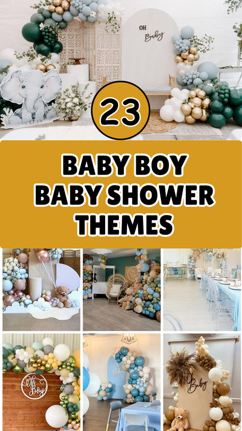 A beautiful collage of baby boy baby shower themes featuring soft blue, gold, and white balloon garlands, charming teddy bear accents, and elegant decor perfect for celebrating a little prince. Its A Boy Baby Shower Ideas, Baby Shower Themes Boy Summer, Summer Boy Baby Shower Themes, April Showers Baby Shower Theme Boy, Baby Boy Shower Flowers, Green Baby Boy Shower Ideas, May Baby Shower Ideas Boy, Welcome Baby Boy Balloons, Baby Shower Boy Theme Unique