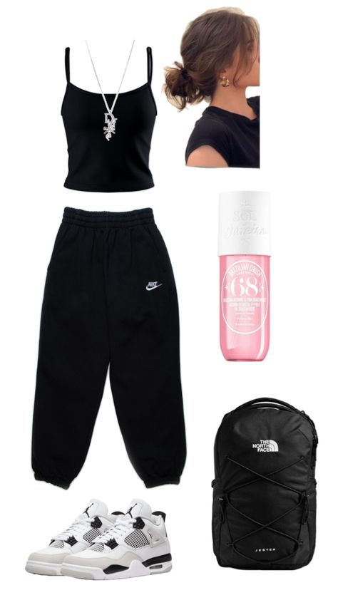 Tank top, nike sweatpants, jordan 4, Messy bun, Cheirosa perfume 68, Dior Necklace, Northface Backpack Nike Backpack Outfit, Outfit Ideas For School Sweatpants, Sweatpants Outfit School, Cute Sweatpants Outfit For School, Black Nike Sweatpants Outfits, Black Sweatpants Outfit For School, Outfit With Jordan 4, Outfits With Jordan 4s, Find My Clothing Style