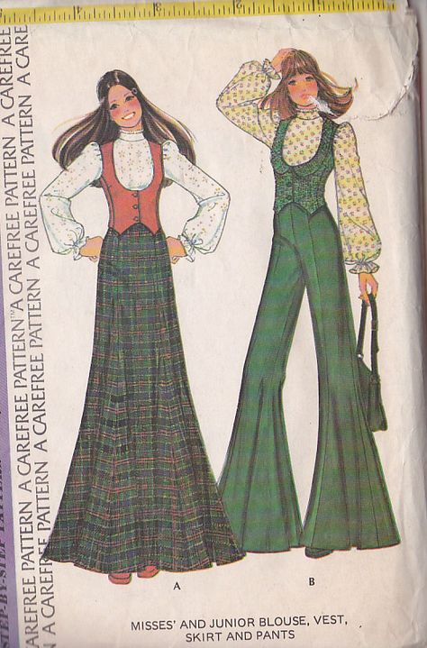 Pattern For Blouse, Skirt And Pants, Patron Vintage, Vest Skirt, 60s 70s Fashion, 60s And 70s Fashion, 70s Inspired Fashion, 70s Outfits, Skirt Blouse