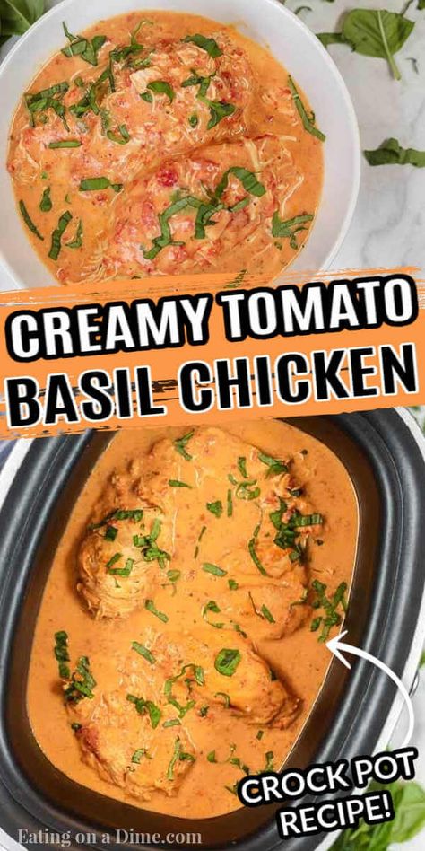 Slow cooker tomato basil chicken recipe is so creamy with the best tomato sauce. The crock pot makes it easy. Crock Pot Tomato Basil Chicken is great with rice or pasta. Everyone will go crazy over Slow Cooker Tomato Basil Chicken recipe. #eatingonadime #tomatobasilchicken #slowcooker #slowcookercreamy Crock Pot Basil Chicken, Crockpot Tomato Basil Chicken, Creamy Tomato Basil Chicken, Tomato Basil Chicken Pasta, Tomato Basil Chicken Recipe, Best Tomato Sauce, Basil Chicken Recipe, Chicken Basil Pasta, Family Friendly Dinner Recipes