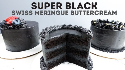 Black Swiss Meringue Buttercream Black Swiss Meringue Buttercream, Cream Cheese Buttercream Frosting Recipe, Fillings For Cakes, Black Cocoa Powder, Black Icing, Chocolate Swiss Meringue Buttercream, Black Frosting, Cream Cheese Buttercream Frosting, Cakes From Scratch